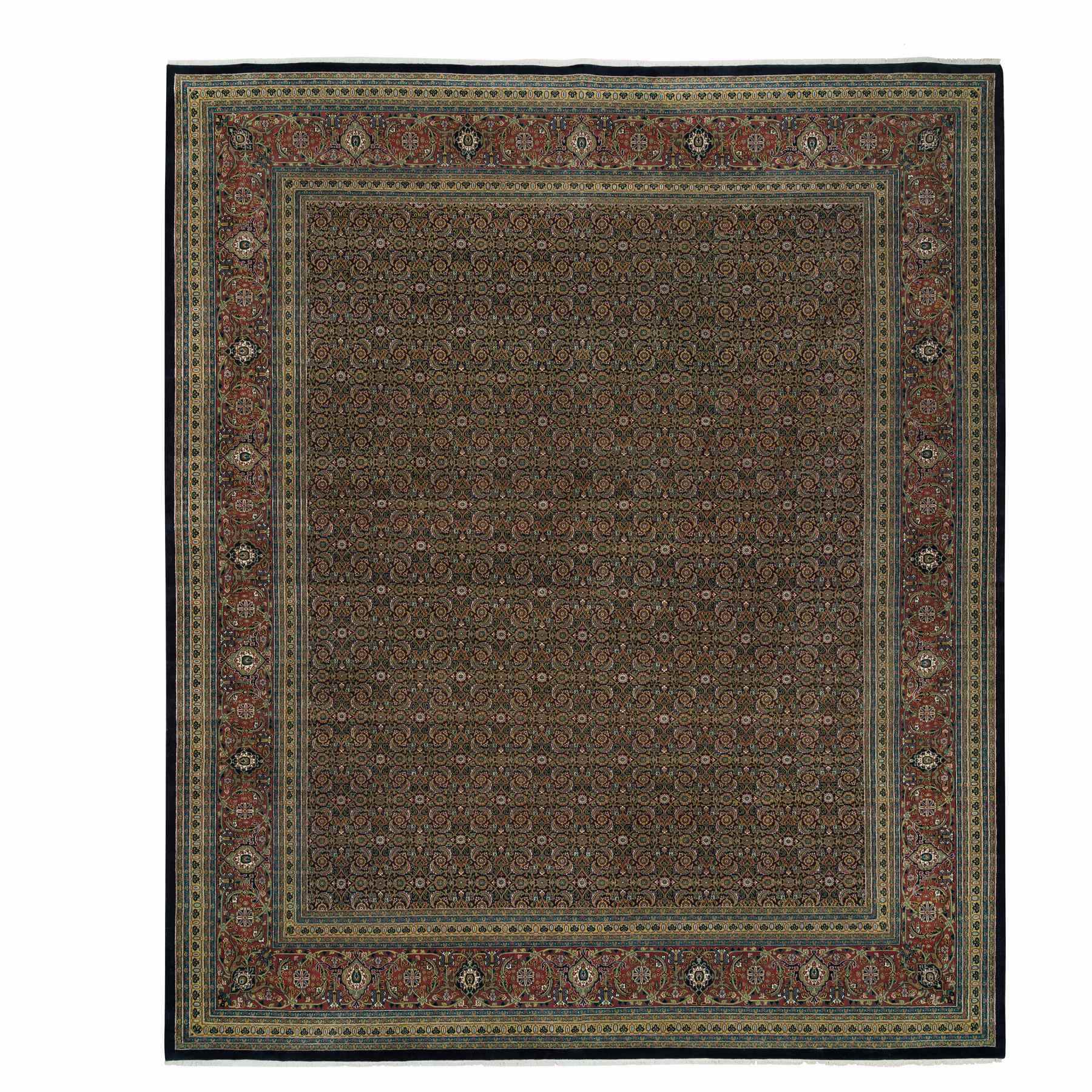 Pitch Black, Herati with All Over Fish Design, Dense Weave, 250 KPSI, Pure Wool, Hand Knotted, Oversized Oriental Rug Pitch Black, Herati with All Over Fish Design, Dense Weave, 250 KPSI, Pure Wool, Hand Knotted, Oversized Oriental Rug
